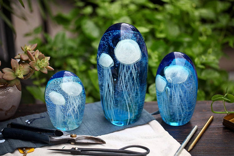 WHOLE HOUSEWARES 6 Inch Glass Jellyfish Paperweight, Glass Paperweight Figurine Glow