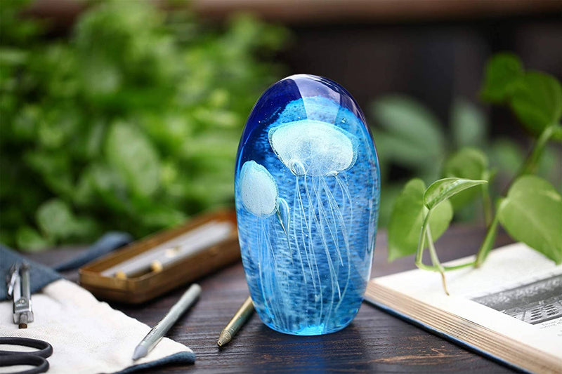 WHOLE HOUSEWARES 6 Inch Glass Jellyfish Paperweight, Glass Paperweight Figurine Glow