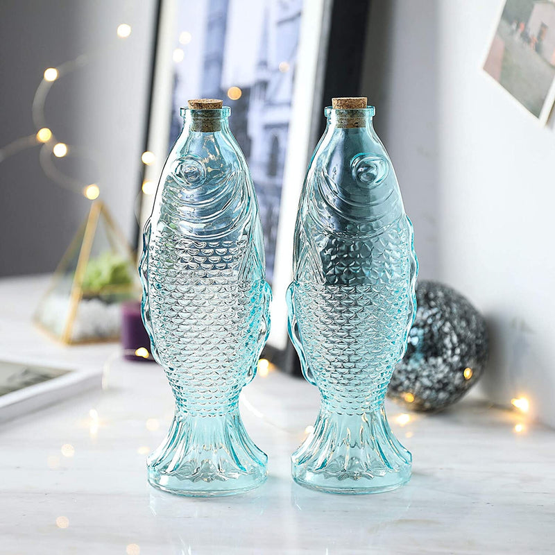 10.5" H 18 Ounce Blue Glass Decorative Bottles, Fish Shaped Bottles With Cork Set