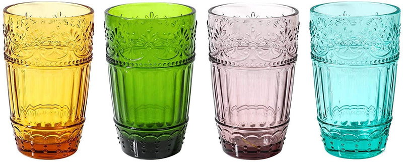 Colored Water Glasses,Embossed Design Glass Tumblers Set,11 Oz Of 4 Colors Set