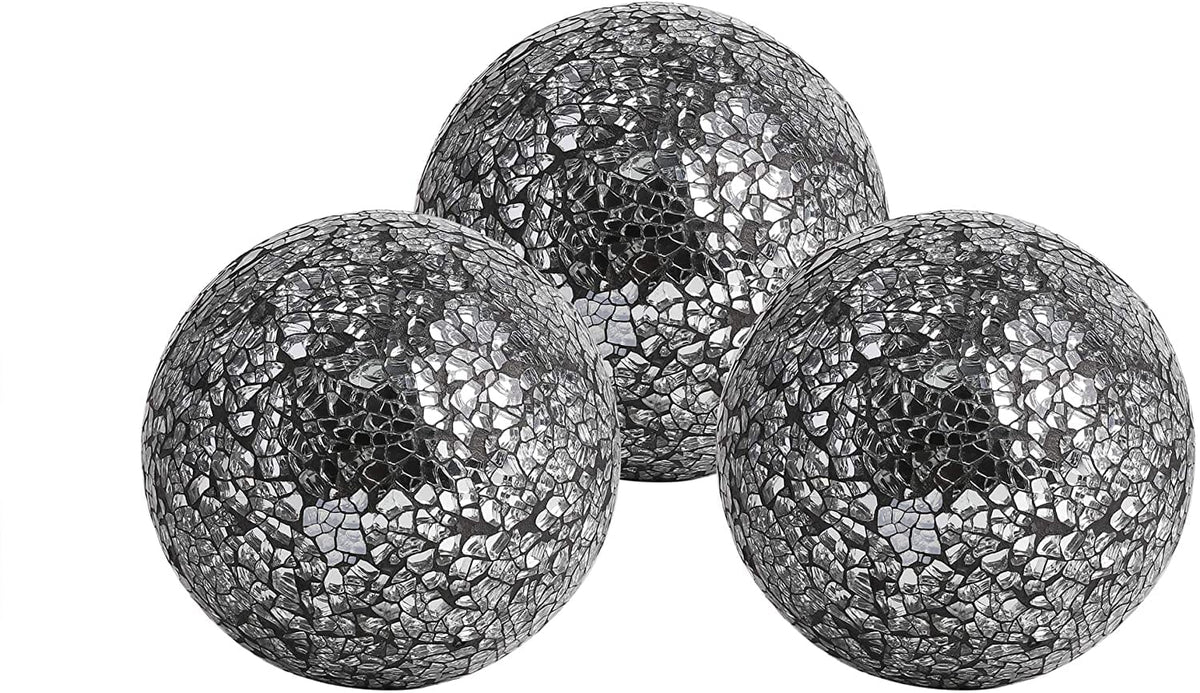 Decorative Balls | Set Of 3 Glass Mosaic Orbs For Bowls | 4" Diameter | Table Centerpiec