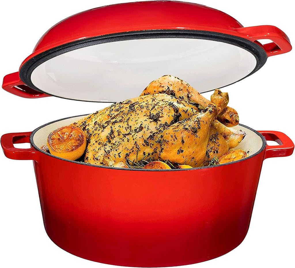 Bruntmor Enameled 5-Quart Cast Iron Double Dutch Oven with Skillet Lid in Blue