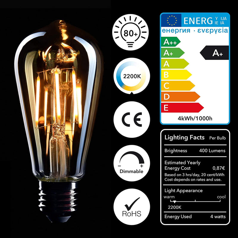 6-Pack Dimmable 4W Warm White Edison Bulb