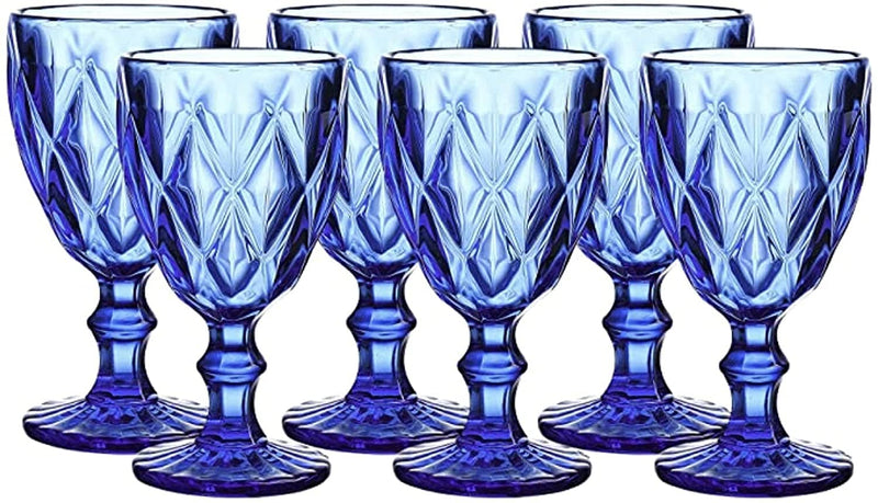 Colored Glass Drinkware | 9.5 Ounce Water Glasses | Set Of 6 | Cobalt Blue Diamond Patte