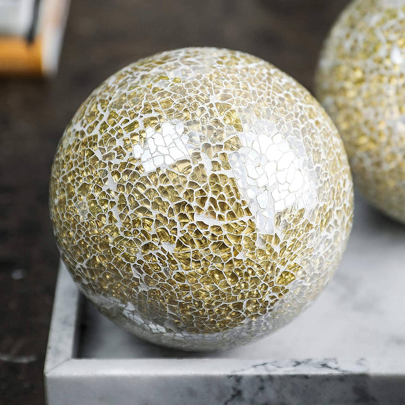 Decorative Balls Set of 3 Glass Mosaic Sphere Dia 5" (Gold