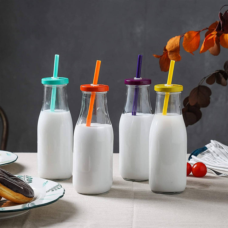 14 Oz Glass Milk Bottles with Colorful Metal Twist Lids and Straws, Reusable for Milk