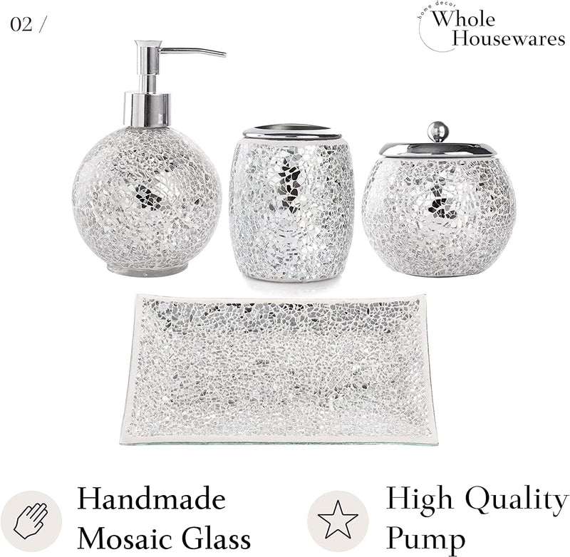 4Piece Silver Decorative Glass Bathroom Accessories Set, Soap Dispenser, Toothbrush Holder