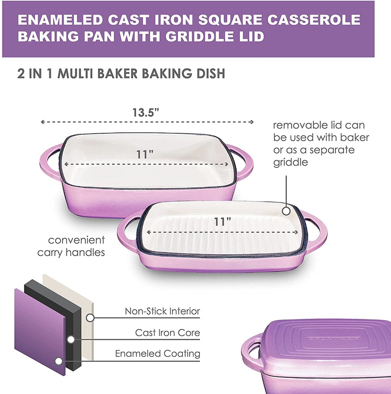 Bruntmor Purple 2-in-1 Square Enamel Cast Iron Dutch Oven Baking