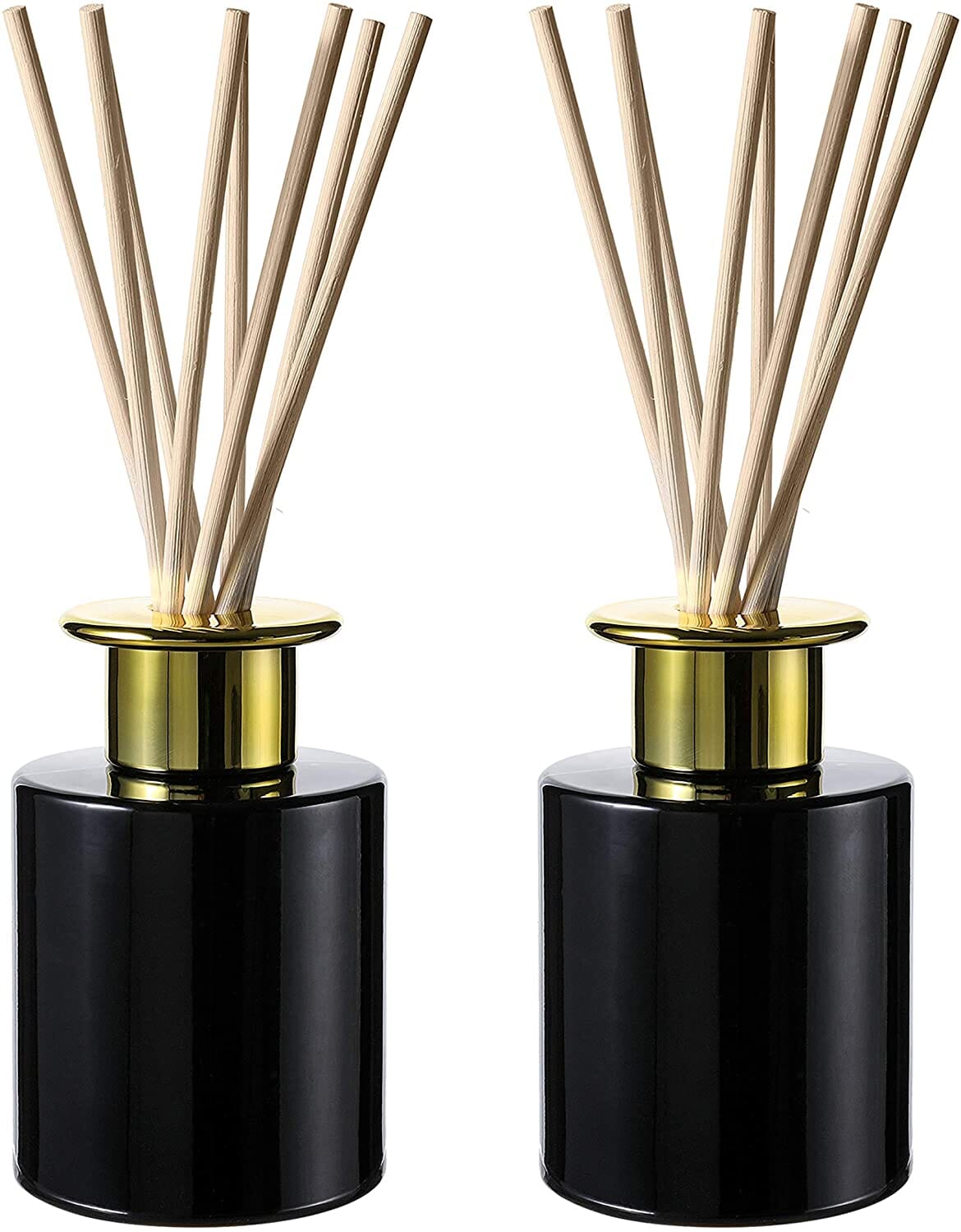 4 Ounce Black Glass Diffuser Bottles with 16pcs Natural Reed Sticks & Gold Caps,Set of 2