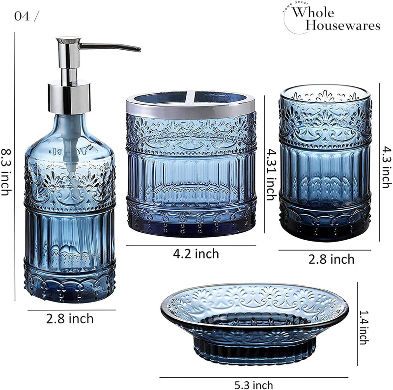 Bathroom Accessory Set | 4-Piece Decorative Glass Bathroom Accessories Set | Soap Dispen