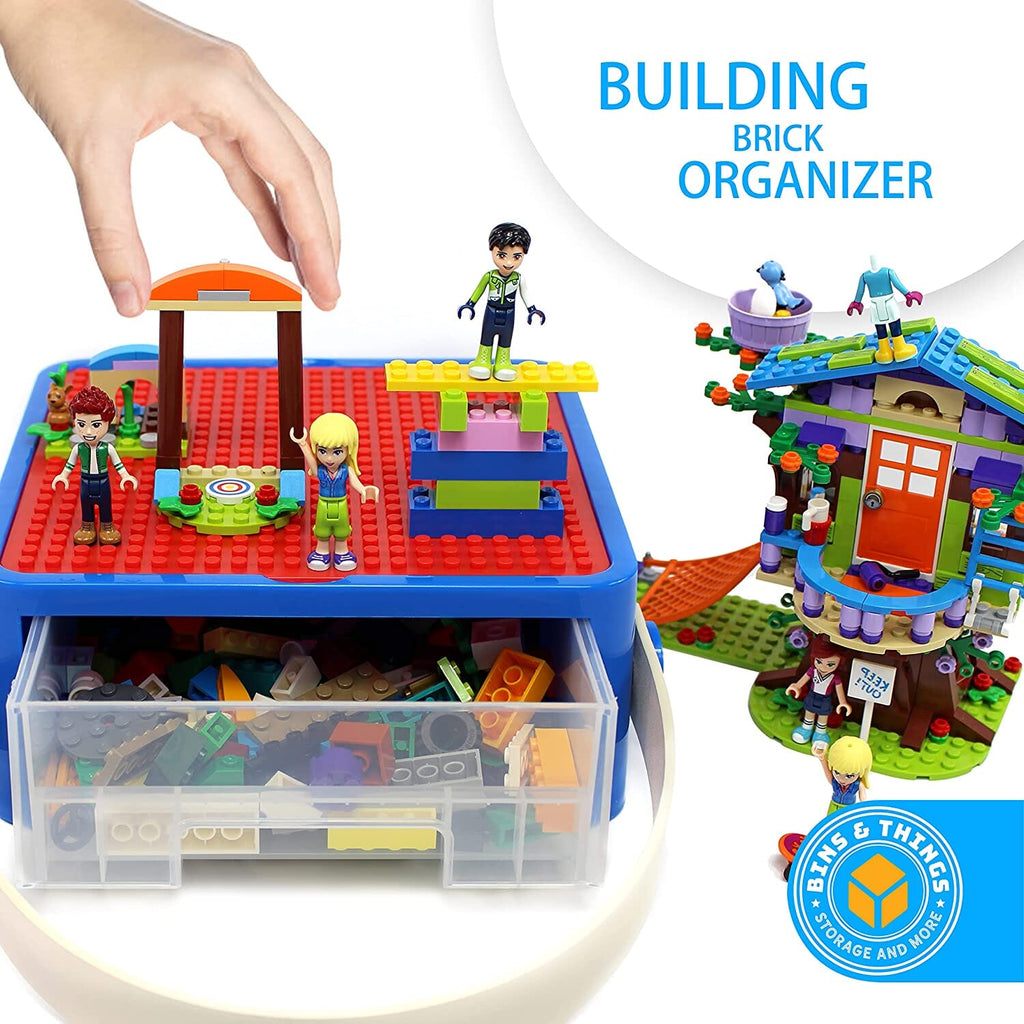 Bins & Things Lego-Compatible Storage Container with Lego Compatible Building Baseplate, Blue_Green