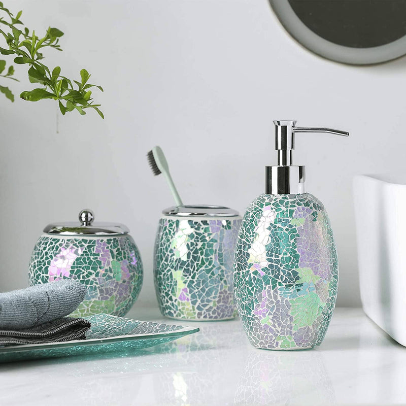 WHOLE HOUSEWARES 4-Piece Green Decorative Glass Bathroom Accessories Set, Soap Dispenser
