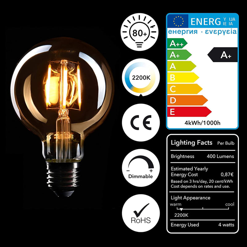 3-Pack Dimmable Edison Bulb, 4W Warm White, Antique Filament