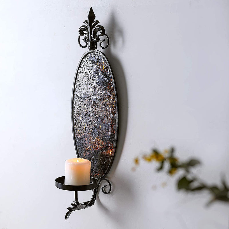6 x 19 Inches Decorative Metal Wall Candle Sconce - Mosaic Glass Set of 2 (Silver Mirror