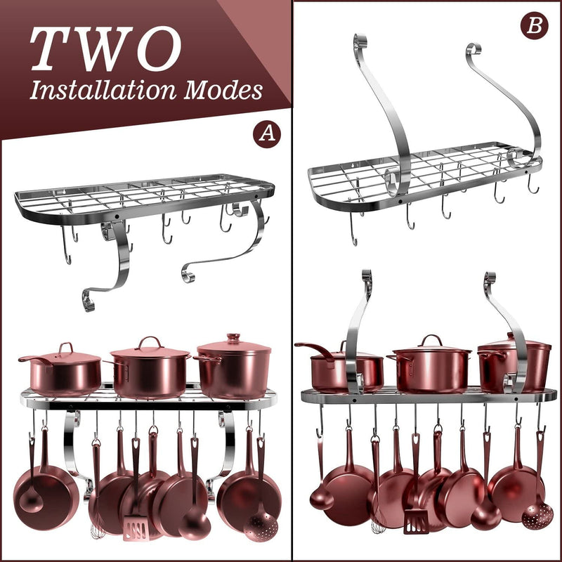 Grid Wall Mount Pot Rack with 10 Hooks - Kitchen Cookware (24")