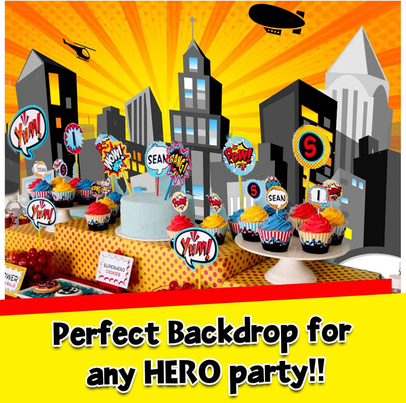 Superhero Backdrop with 6 Comic Action Props