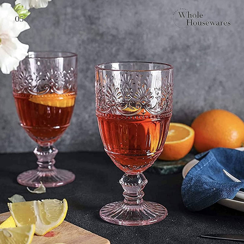WHOLE HOUSEWARES | Colored Glass Goblet | Set of 6 Drinking Glasses | 11.5 oz Embossed