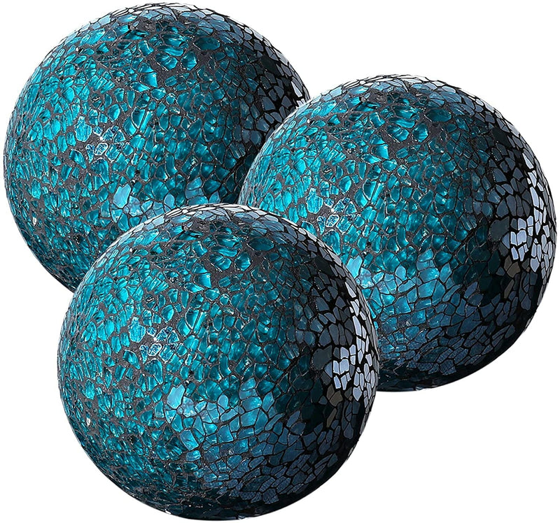 Decorative Balls | Set Of 3 Glass Mosaic Orbs For Bowls | 4" Diameter | Table Centerpiec