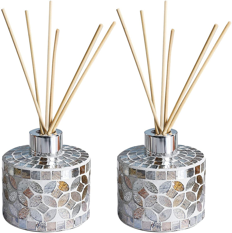 6 Ounce Mosaic Glass Diffuser Bottles with 10pcs Natural Reed Sticks, Silver Caps