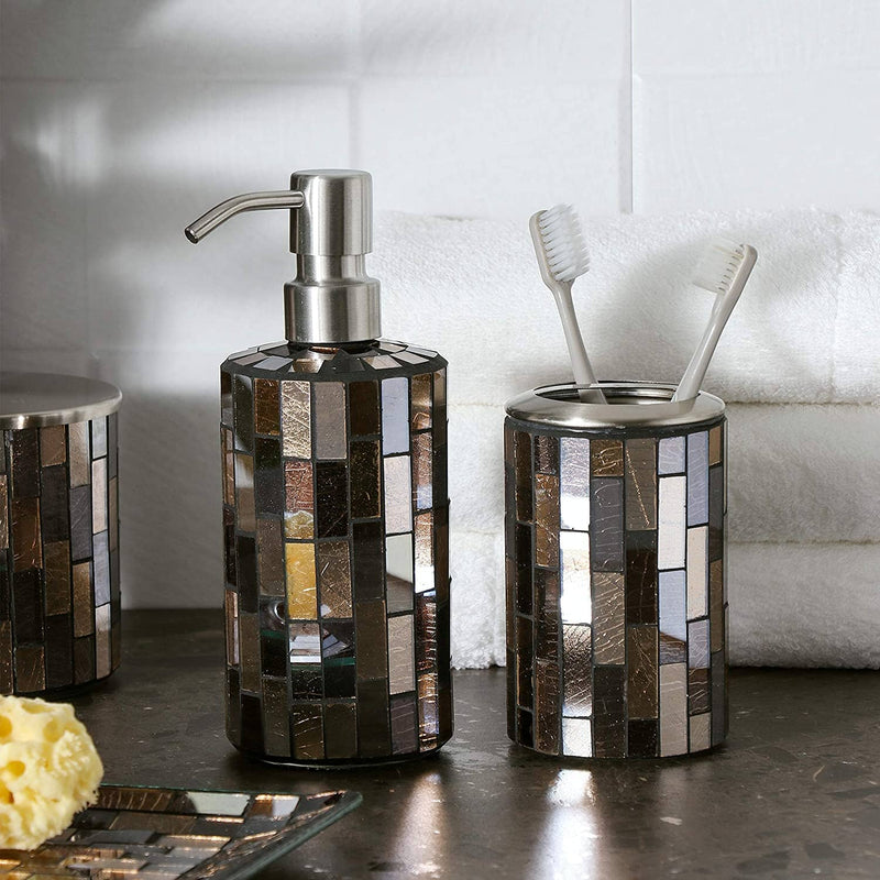 WHOLE HOUSEWARES 4-Piece Black/Gold Decorative Glass Bathroom Accessories Set, Soap