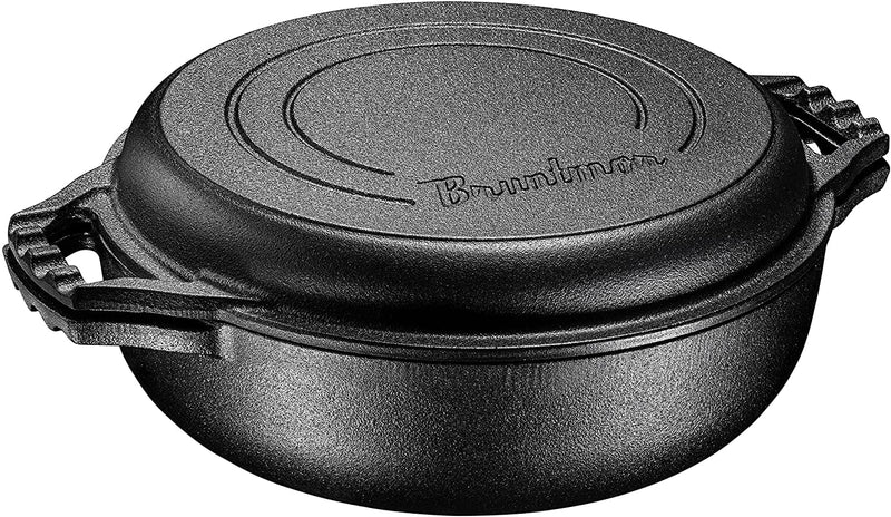 2-in-1 Cast Iron Cocotte Double Braiser Pan with Grill Lid
