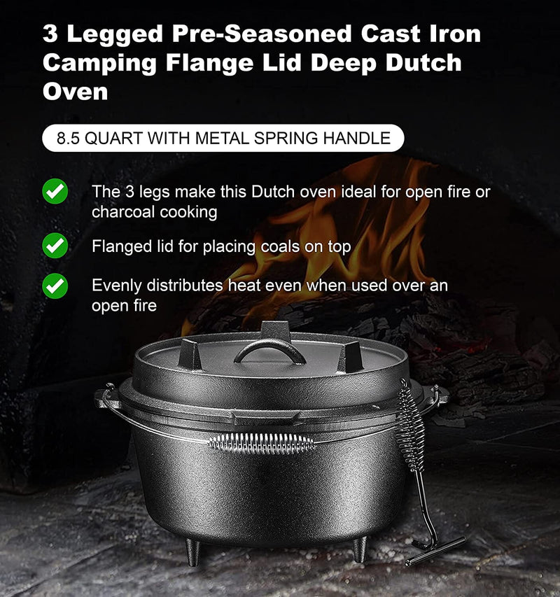 Camping Dutch Oven, 8.5 Quart with Lid - Pre-Seasoned Cast Iron