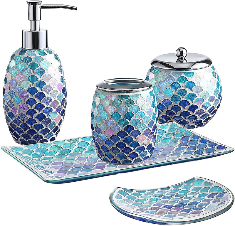 5Pieces Mosaic Glass Bathroom Accessories Set, Soap Dispenser, Tray/Soap Dish (Blue)