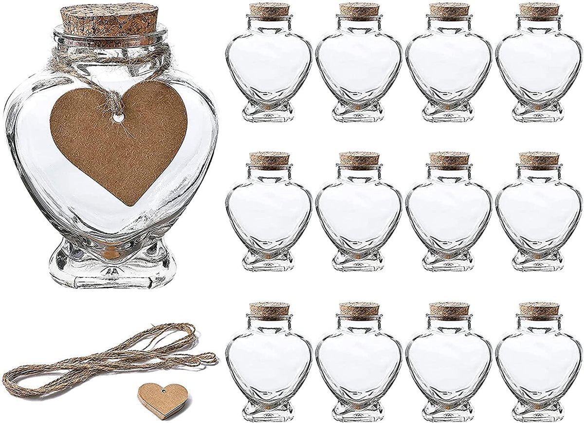 Heart Shaped Glass Favor Jars With Cork Lids | Set Of 12 | 5Oz Glass Wish Bottles