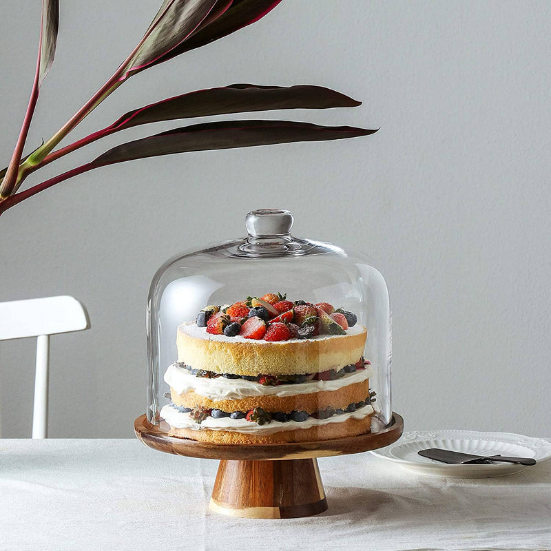 11"x9" Acacia Wood Flat Round Wood Server Cake Stands with Glass