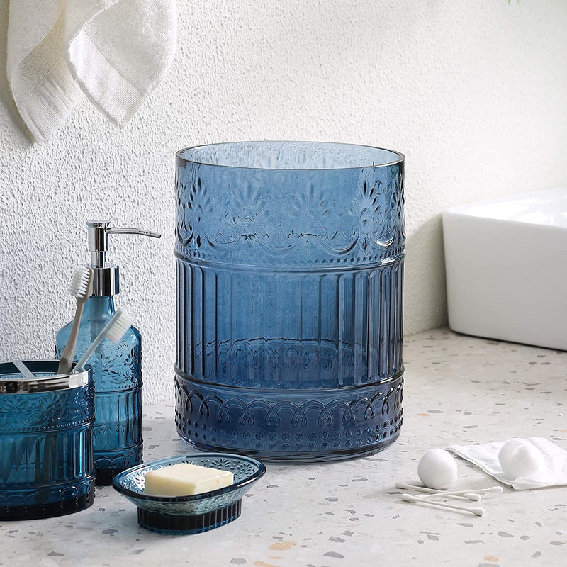 Glass Bathroom Accessories Wastebasket - Decorative Trash Can Dia 8" H 10" (Blue