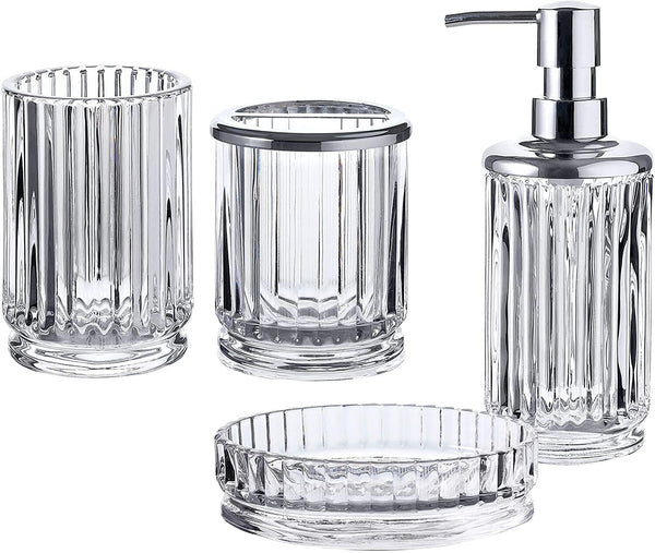 4Piece Clear Decorative Glass Bathroom Accessories Set, Soap Dispenser, Toothbrush Holder
