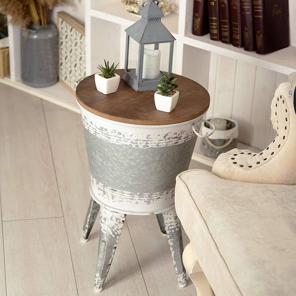 Rustic Farmhouse Accent Side Table with Metal Storage Bin