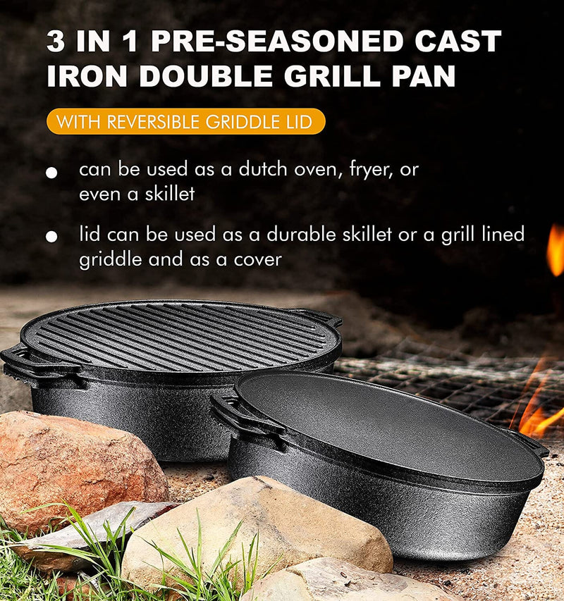 Pre-Seasoned Cast Iron Roasting Pan with Reversible Grill Lid